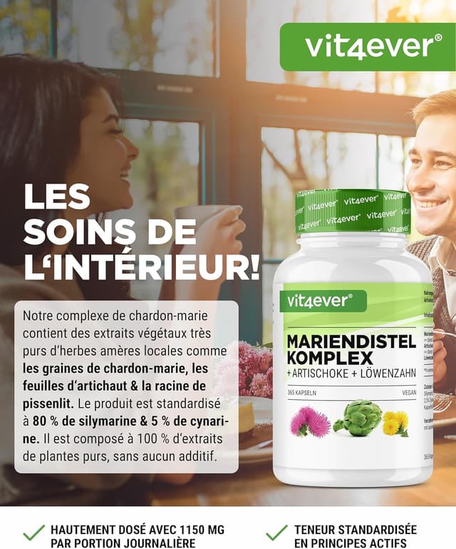 Detalle 2 de Complexe Chardon-Marie, Artichaut & Pissenlit en capsules – 365 pour 6 mois (80% silymarine, vegan)