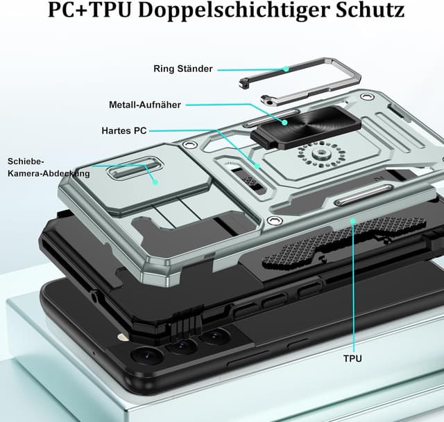 Detalle 2 de Jshru Handyhülle für Samsung Galaxy S22 (6,1 Zoll) – stoßfeste Schutzhülle mit 360° Metall-Ring-Ständer, Kameraschutz und 2 Schutzfolien