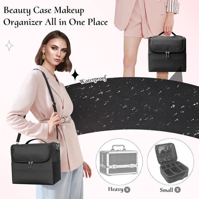 Detalle de Feibrand Large Makeup Organiser Box Vanity Case – Black travel make up bag with 2 layers, 4 expandable trays