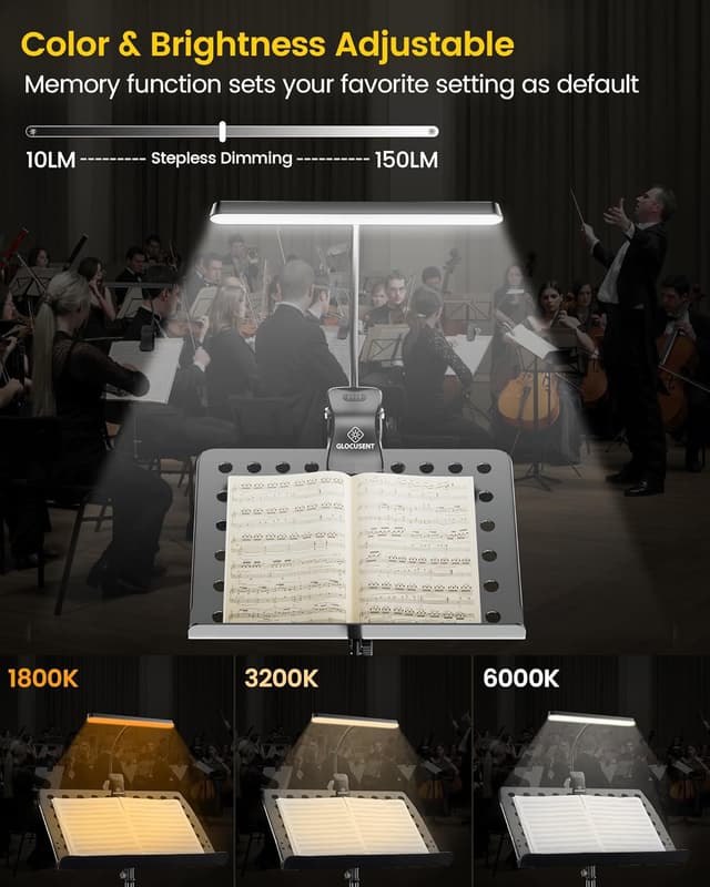 Detalle de Glocusent 57 LED Notenpultleuchte – USB‑C klimmende Augenpflege-Lampe für Klavier mit 3 Farben & 5 Helligkeiten