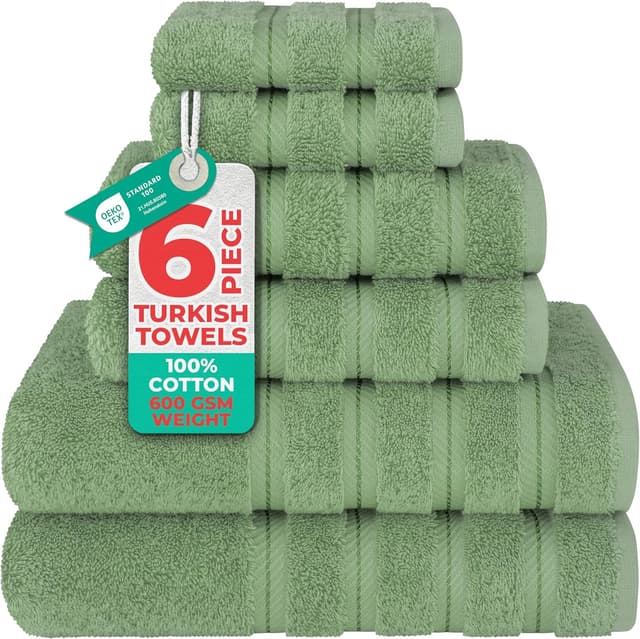 Detalle de American Soft Linen Luxury 6-Piece Turkish Towel Set (Sage Green) — 600 GSM Cotton