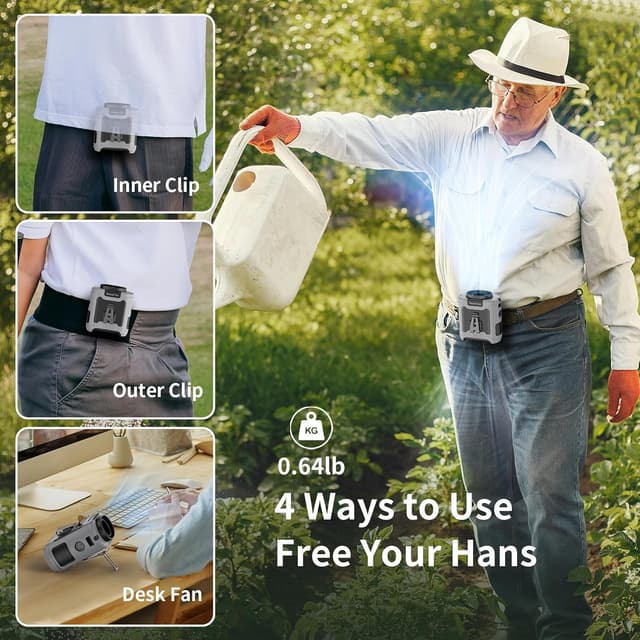 Detalle de SoCool 10000mAh Portable Waist Fan (Clip-On, Hands-Free) with 5 Speeds & Flashlight, Rechargeable Gray