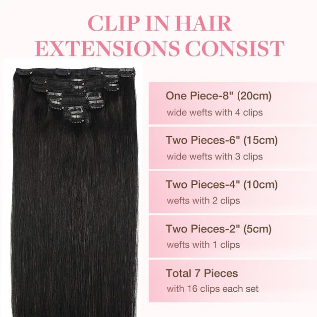 Detalle de GOO GOO Clip-in Echthaar Extensions (45 cm, 120 g, 7 Clips) – 1B Schwarz