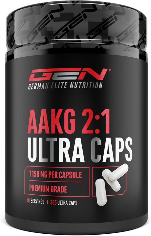 Detalle de AAKG Ultra Caps di GEN German Elite Nutrition: 365 capsule con 1.150 mg di L-arginina alfa-chetoglutarato