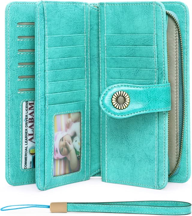 Detalle de SENDEFN Damen-Geldbörse aus Leder (groß) mit RFID-Schutz, 24 Kartenfächern und abnehmbarem Armband