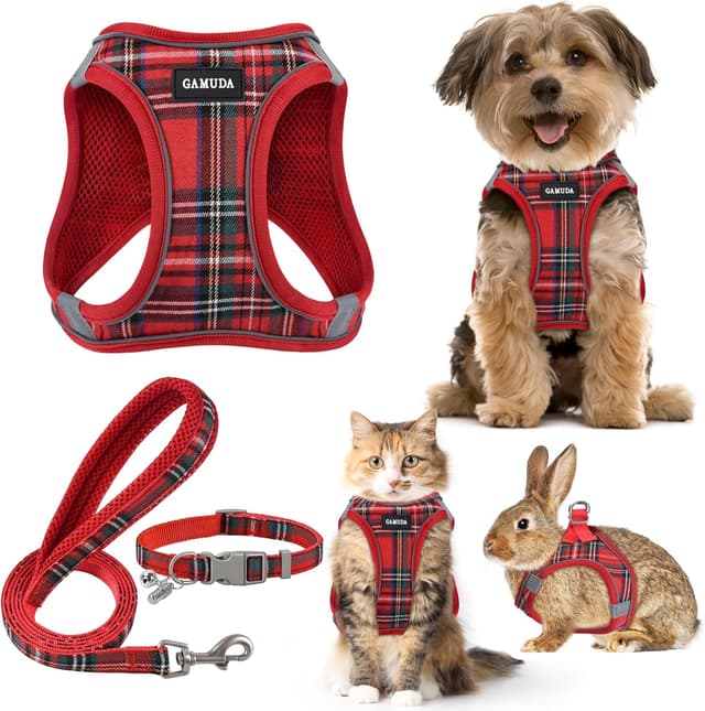 Detalle de Small Pet Harness Collar and Leash Set (Red, S) – step-in no-choke soft mesh dog vest harness