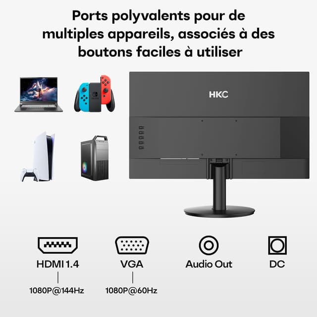 Thumbnail 6 de HKC Moniteur 27 pouces 144 Hz IPS Full HD 1080p – Adaptive Sync, 99% sRGB, 5 ms, HDMI & VGA, VESA 100×100
