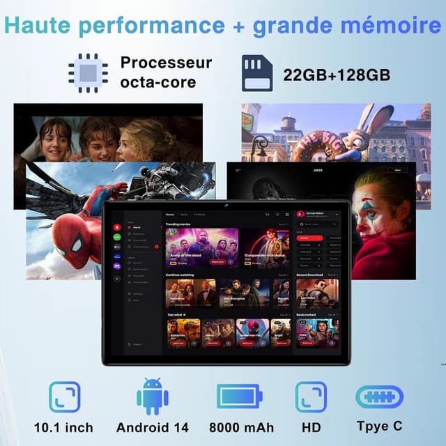 Detalle 2 de Tablette 10 pouces Android 2026 SUAAT S10 Octa Core 5G + Wi-Fi 2,4G, 22 Go RAM + 128 Go ROM (ext. TF), FHD, étui + clavier et souris – Noir