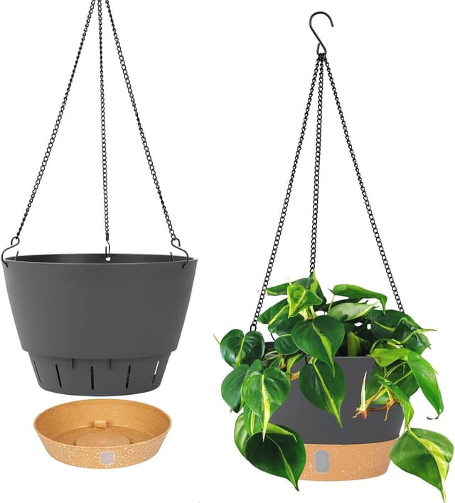 Detalle de QCQHDU 2-Pack Hanging Planters (25.4cm) with Drainage Hole and 3 Hooks, Grey