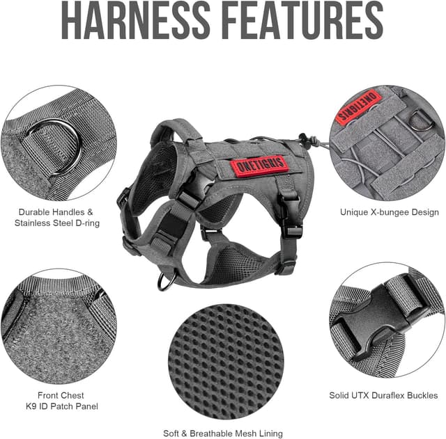 Detalle de OneTigris FIRE WATCHER imbracatura tattica per cani in nylon 1000D con 1 manico e 2 anelli a D (taglia XS, grigio)
