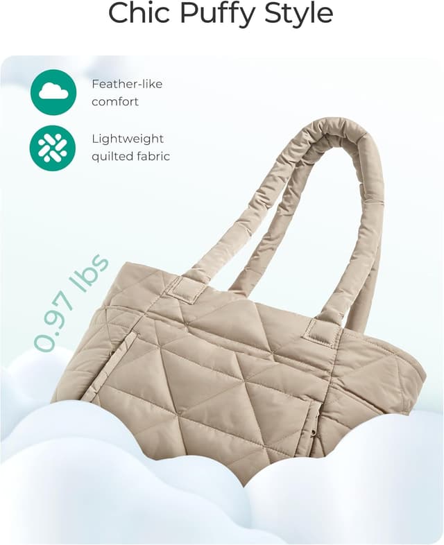Detalle de BAGSMART Puffer Tote Bag for Women with Zipper, Quilted Shoulder Bag for Travel, Work, Gym
