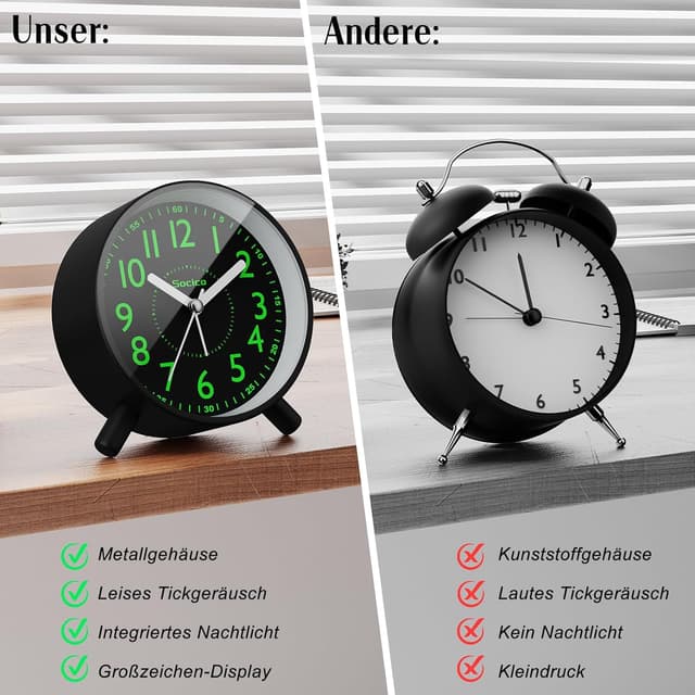 Thumbnail 5 de SOCICO Analoger Wecker mit Nachtlicht