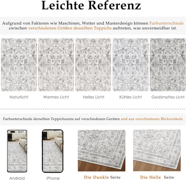 Detalle de PureCozy Vintage grauer Teppich für Wohnzimmer, Schlafzimmer & Büro (160 x 230 cm) – kurzflor, waschbar, rutschfest