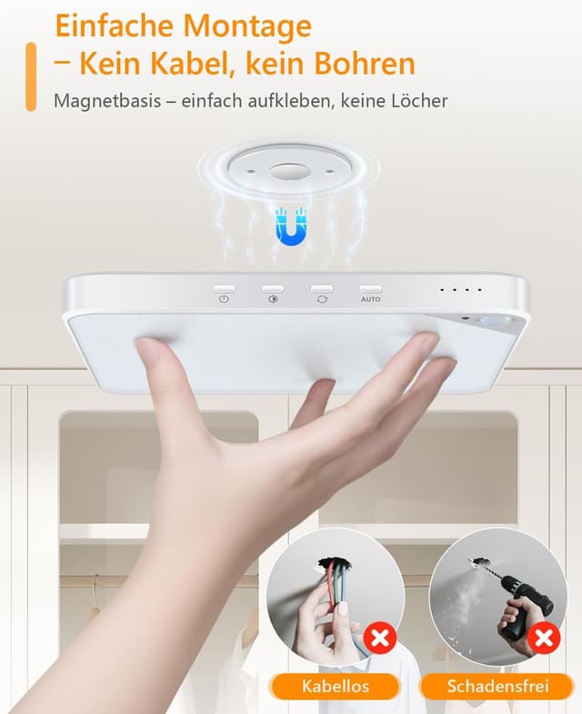 Detalle de Akku Deckenleuchte mit Bewegungsmelder innen (6 W) – kabellos für Bad, Flur & Schrank mit Fernbedienung