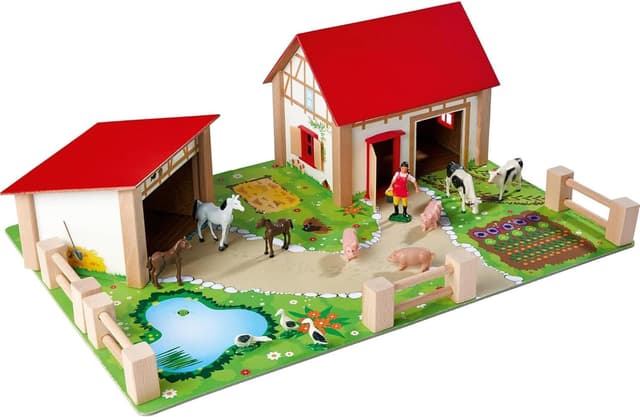 Detalle de Eichhorn Bauernhof 100004309 – Bauernhof-Spielset aus Buchenholz mit 2 Gebäuden, Tieren und Zäunen (20-teilig)