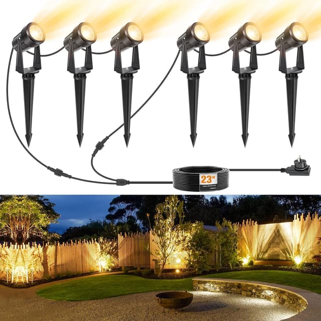 Detalle de NIORSUN LED-Gartenstrahler-Set (6 Stück) warmweiß 3000 K mit IP67, 23 m Kabel & Adapter