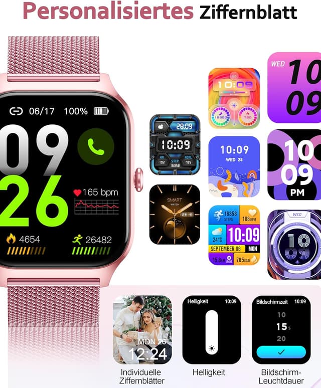 Detalle de Popglory Smartwatch mit Telefonfunktion für Damen & Herren – 1,85" HD Display, Fitnessuhr mit Blutdruck, SpO2 & mehr