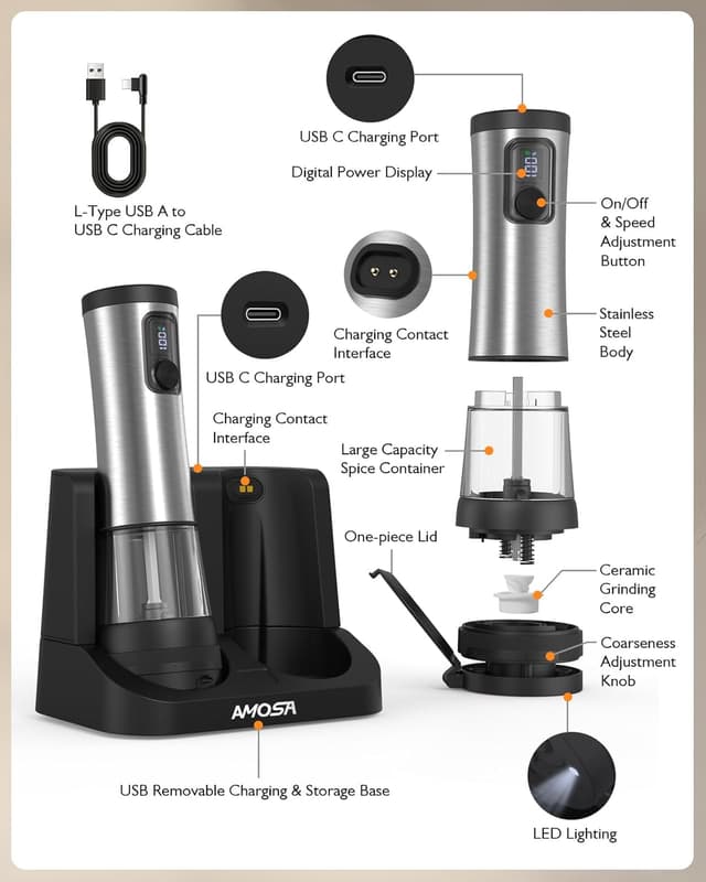 Thumbnail 6 de Set de moulins à poivre électrique AMOSA avec réglage 5 niveaux, 2 vitesses, base rechargeable et LED