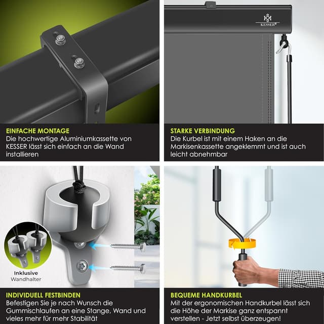 Detalle de KESSER Senkrechtmarkise 200 x 250 cm mit Handkurbel – Außenrollo für Balkon & Terrasse inkl. Montageset