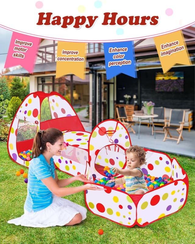 Thumbnail 6 de MAIKEHIGH 3 in 1 Kids Play Tent with Pop-Up Crawl Tunnel & Ball Pit (Foldable Indoor/Outdoor Playhouse)