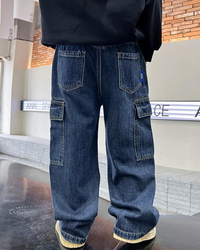 Detalle 2 de Rolanko Baggy Jeans Jungen – weites Bein mit elastischem Bund & Cargo-Taschen (jeansblau)