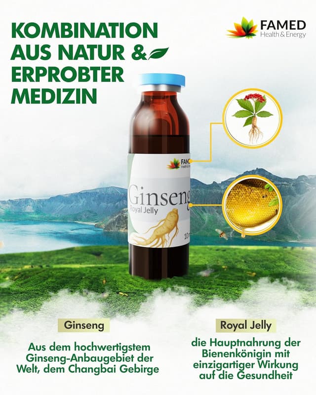 Detalle de Ginseng Royal Jelly von FAMED – 30 Trinkampullen mit reduziert Müdigkeit & Immunsystem- Unterstützung