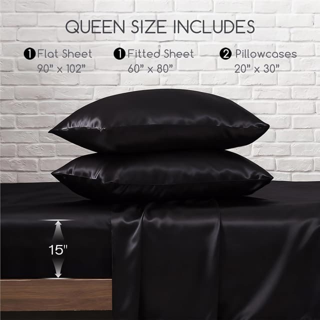 Thumbnail 6 de MR&HM Satin Bed Sheets Queen Size Set (4-Piece) with 15-Inch Deep Pocket, Black