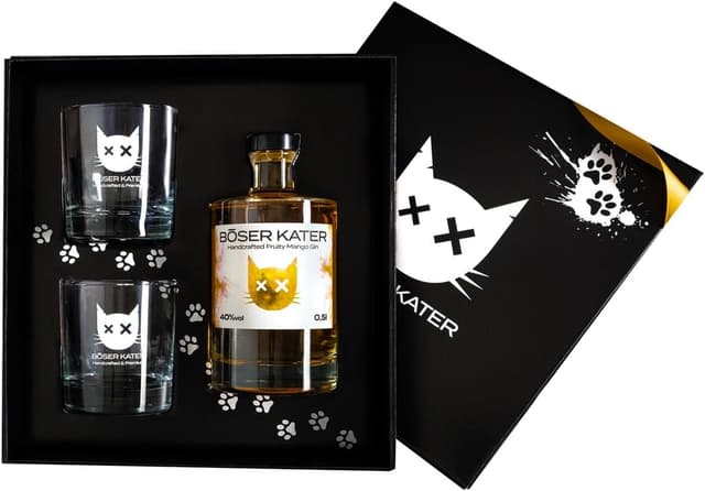 Detalle de BÖSER KATER Fruity Mango Gin Geschenkset (0,5 l, 40% Vol.) mit 2 Gläsern