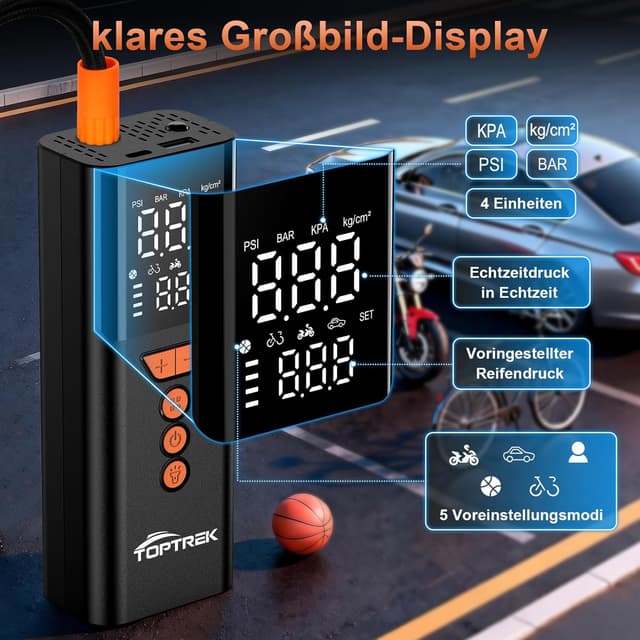 Detalle de toptrek Elektrische Luftpumpe (150 PSI) kabellose Akku-Fahrradpumpe mit LED, Powerbank-Funktion & USB‑C