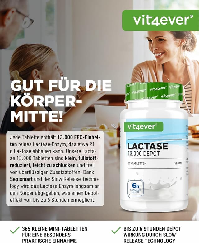 Detalle 2 de vit4ever Laktase 13.000 Depot – 365 Tabletten mit Sepismart® Slow Release (vegan)