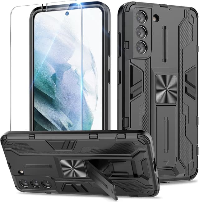 Detalle de Btstring Heavy Duty Armour Case for Samsung Galaxy S21 5G with Tempered Glass Screen Protector and Built-in Stand (Black)