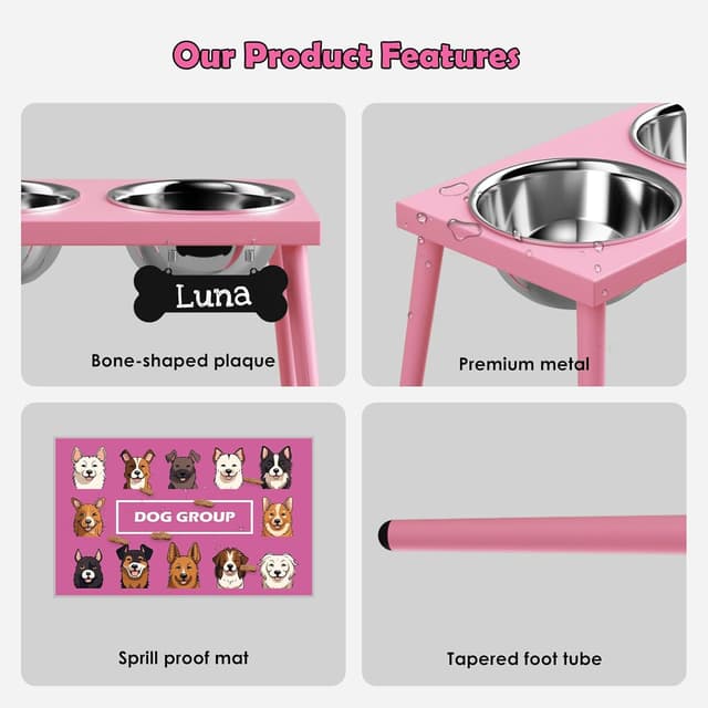 Detalle 2 de ADENGL support surélevé pour chiens (grande et moyenne taille) avec tapis anti-éclaboussures et 2 gamelles inox de 1,6 l, rose