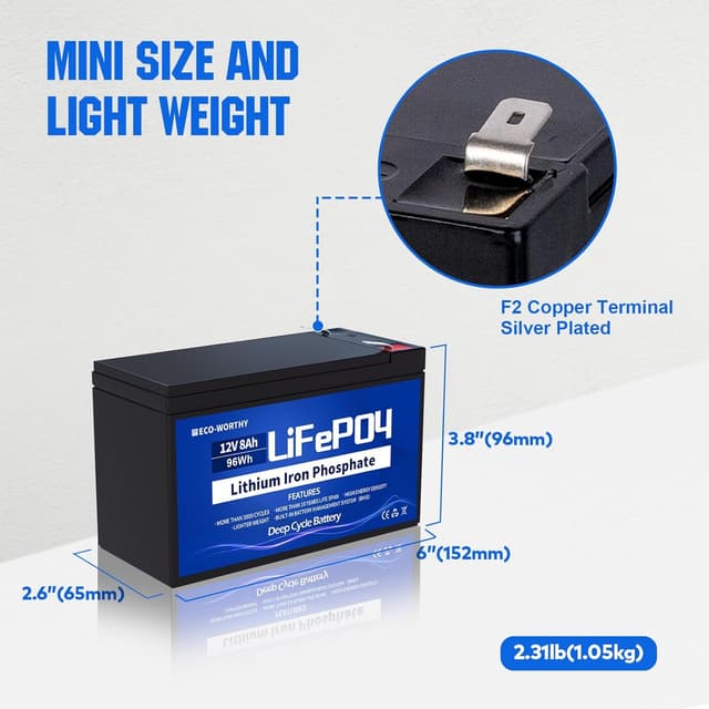 Detalle 2 de ECO-WORTHY LiFePO4 12 V 8 Ah batteria ricaricabile per camper ⛺