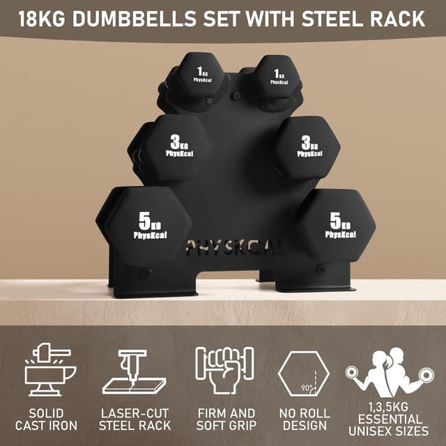 Detalle de PhysKcal Kurzhantel-Set (18 kg) inkl. Aufbewahrungsständer für Heimtraining