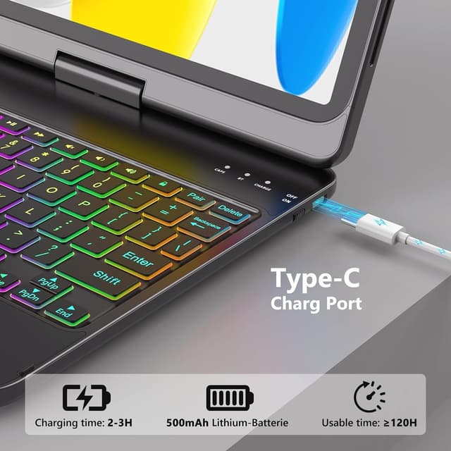 Detalle 2 de FUWANG Touch Keyboard Case for iPad (A16) 11th Gen & iPad 10th Gen 10.9-inch (A2757/A2777/A2696) — 360° Rotating Backlit Keyboard Case, Black