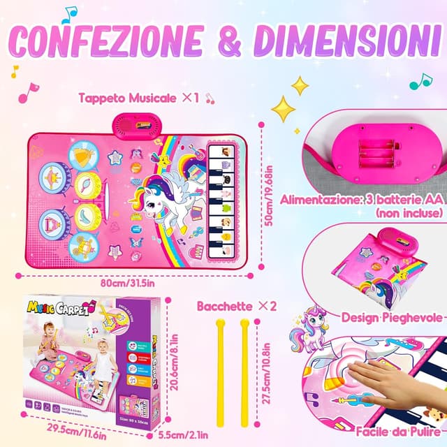 Detalle 2 de Dromlag Giochi Bambina 1 Anno – tappeto musicale 3 in 1 con 6 strumenti, registrazione e unicorno