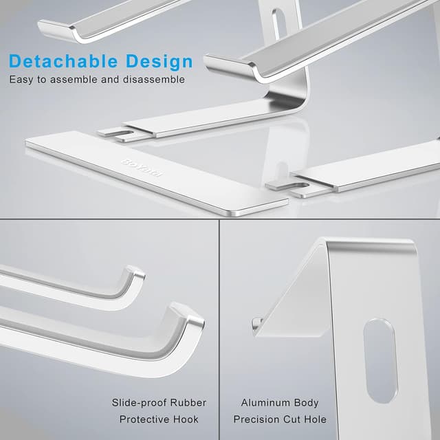 Detalle de BoYata aluminium portable ventilated laptop stand (Silver) for 10–14 inch laptops