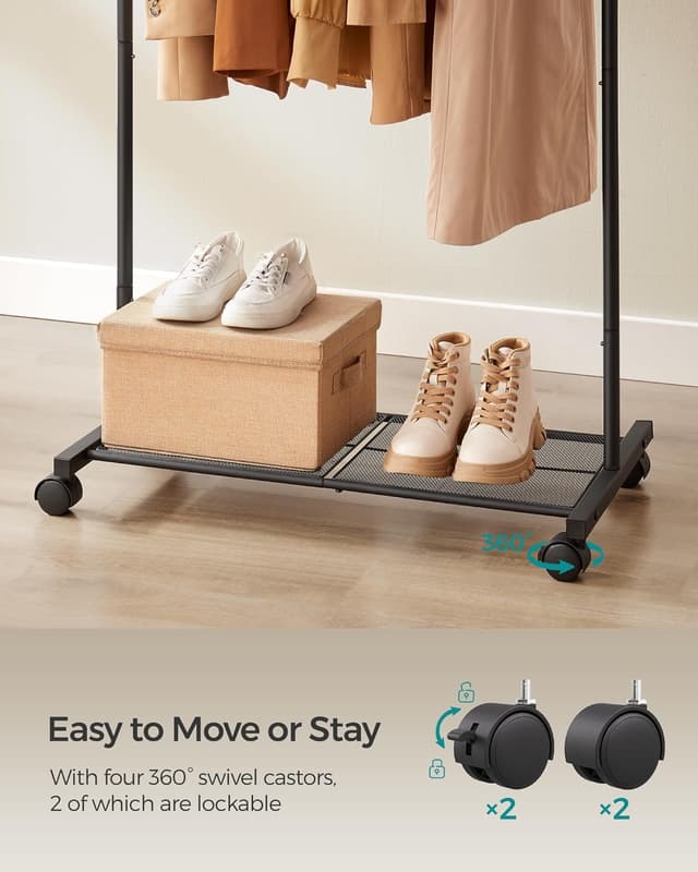 Detalle de SONGMICS HSR130B01 Clothes Rack with Wheels (74 cm) with Mesh Storage Shelf and 2 Brakes