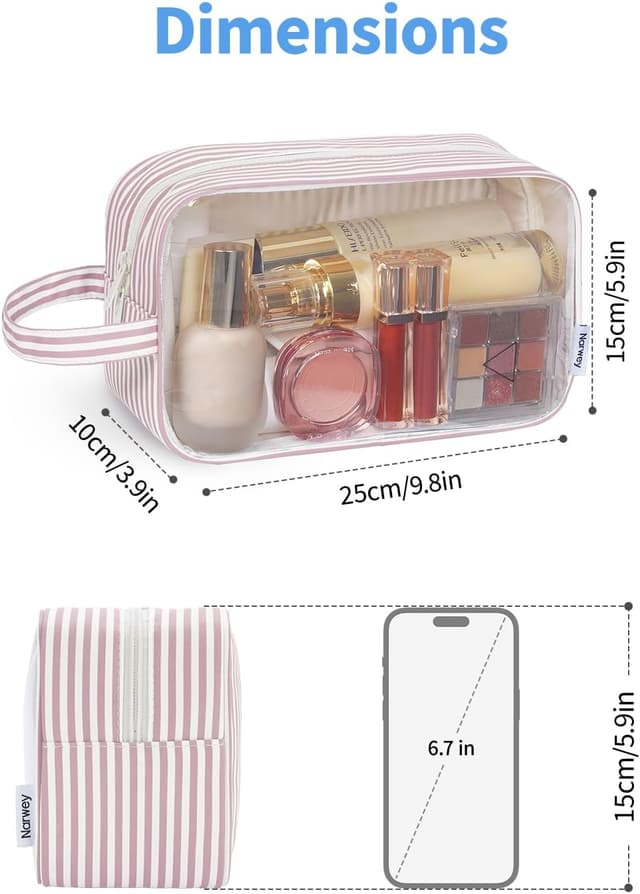 Detalle 2 de Narwey Clear Travel Toiletries Bag (Dusty Pink Stripe) – Large Transparent Wash Bag for Women & Men