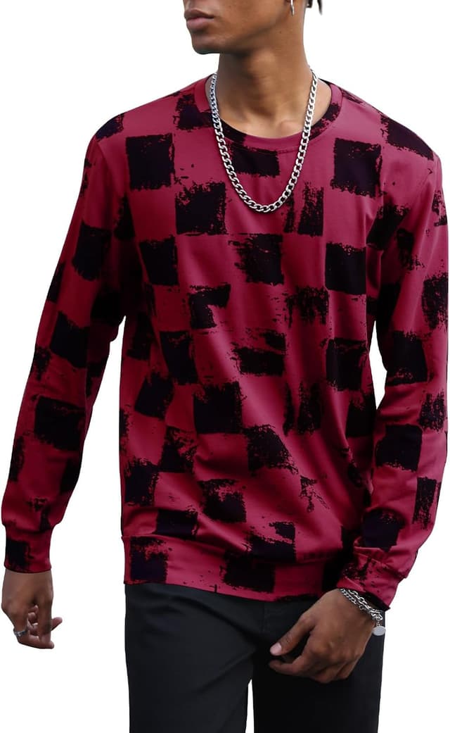 Detalle de PCEAIIH men’s checkerboard long-sleeve printed T-shirt with round neck