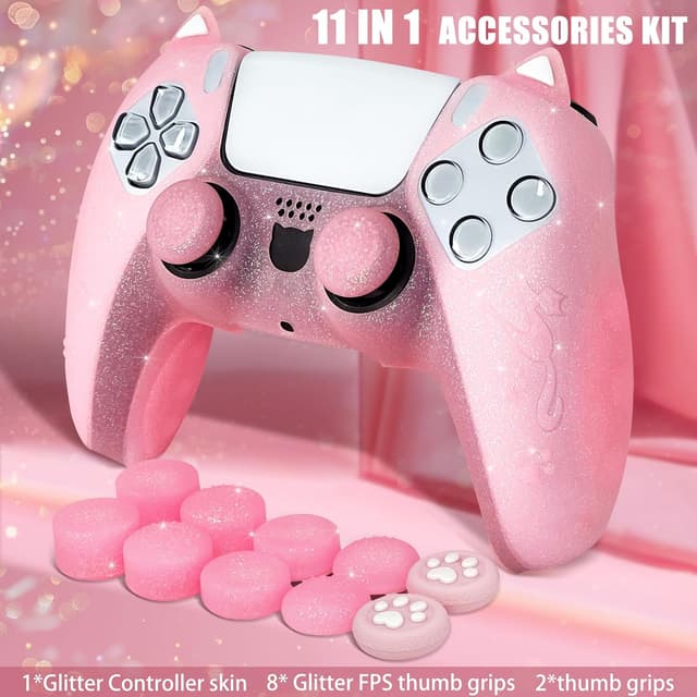 Detalle de HLRAO Pink Cat Glitter Anti-Slip Silicone Controller Skin Grip Set for PS5 (8 thumb grips and 2 paw grips)