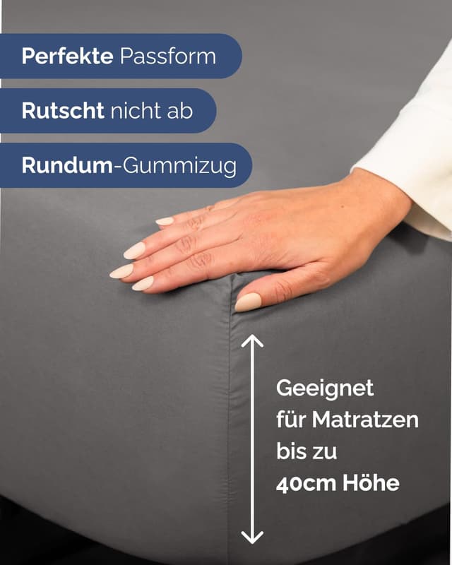 Detalle de CGK Unlimited Spannbettlaken 200x200 cm Dunkelgrau – extra tief für Matratzen bis 40 cm (16")