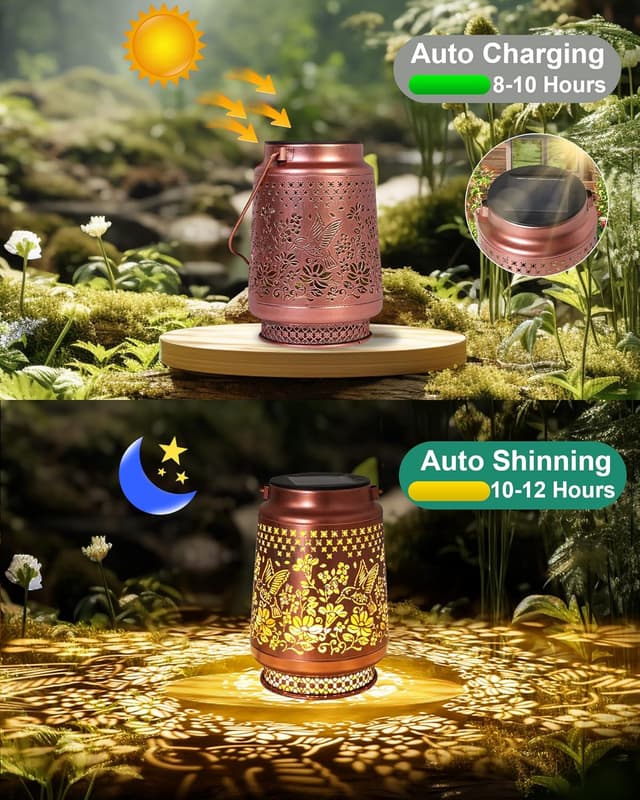 Detalle de Mothers Day & Birthday Gifts solar hummingbird lantern for outdoor gardens (17 x 11.5 cm) — IP65 hanging metal light
