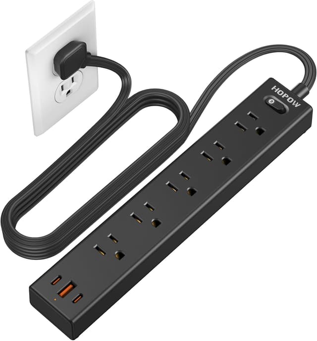 Detalle de HOPOW Flat Plug Power Strip 1700J with 5 Outlets & 3 USB