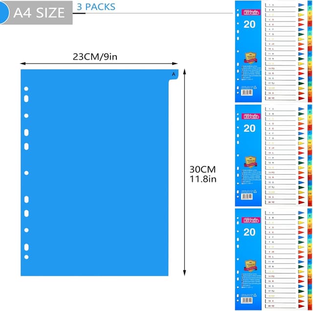 Detalle de FUYOAL A4 File Dividers (3-pack, 20 tabs each) A–Z coloured plastic index dividers