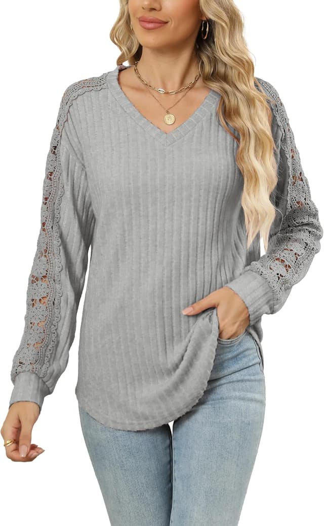 Detalle de Famulily V Neck Jumper for Women – lightweight hollow-out long sleeve top for layering