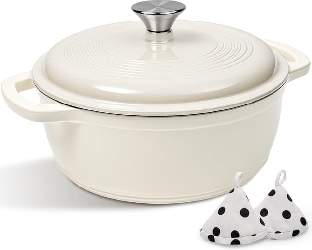 Detalle de AIVIKI 5QT Enameled Cast Iron Dutch Oven Pot (Cream White) with Lid — Oven-Safe Up to 500°F