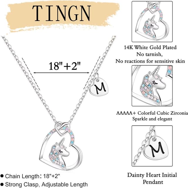 Detalle de TINGN Einhorn-Halskette für Kinder mit Herz-Anhänger, 14K Weißgold vergoldet & CZ, Buchstaben-Kette