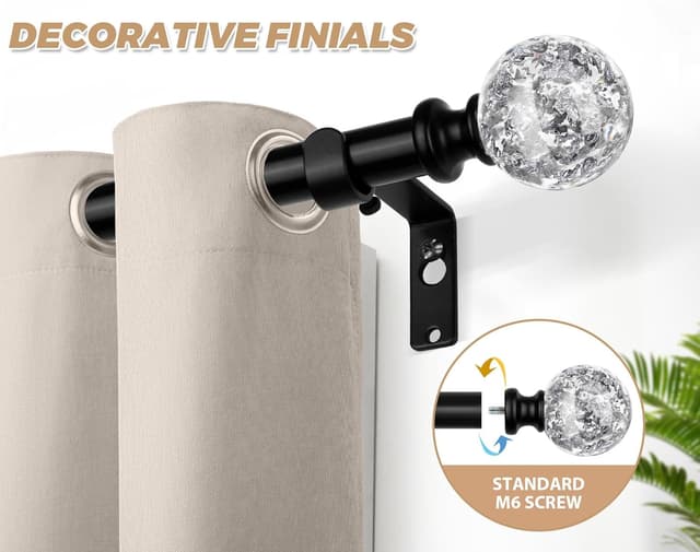 Detalle de KAMANINA Black Curtain Pole (80 to 218 cm) for eyelet curtains, extendable with round translucent finials