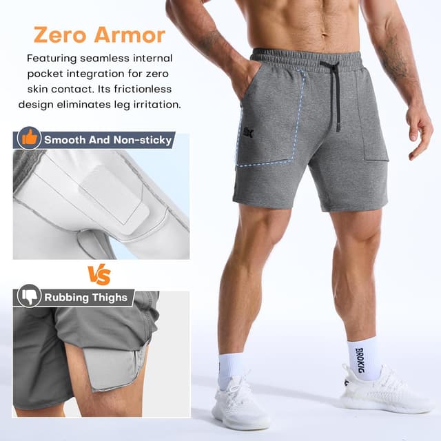 Detalle de BROKIG Mens Zero Armor Gym Shorts with Zip Pockets – seamless internal pocket comfort for training
